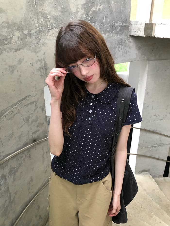 rainy 한 부서 달콤한 미적 감각 베이비 칼라 티셔츠 여름 여성 POLO 칼라 도트 무늬 별 버클 연령 감소 반팔 맨위 상세 이미지 23