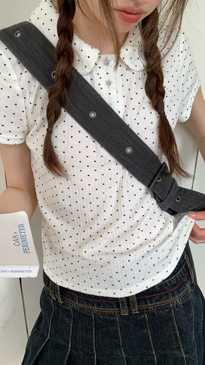 rainy 한 부서 달콤한 미적 감각 베이비 칼라 티셔츠 여름 여성 POLO 칼라 도트 무늬 별 버클 연령 감소 반팔 맨위 상세 이미지 26
