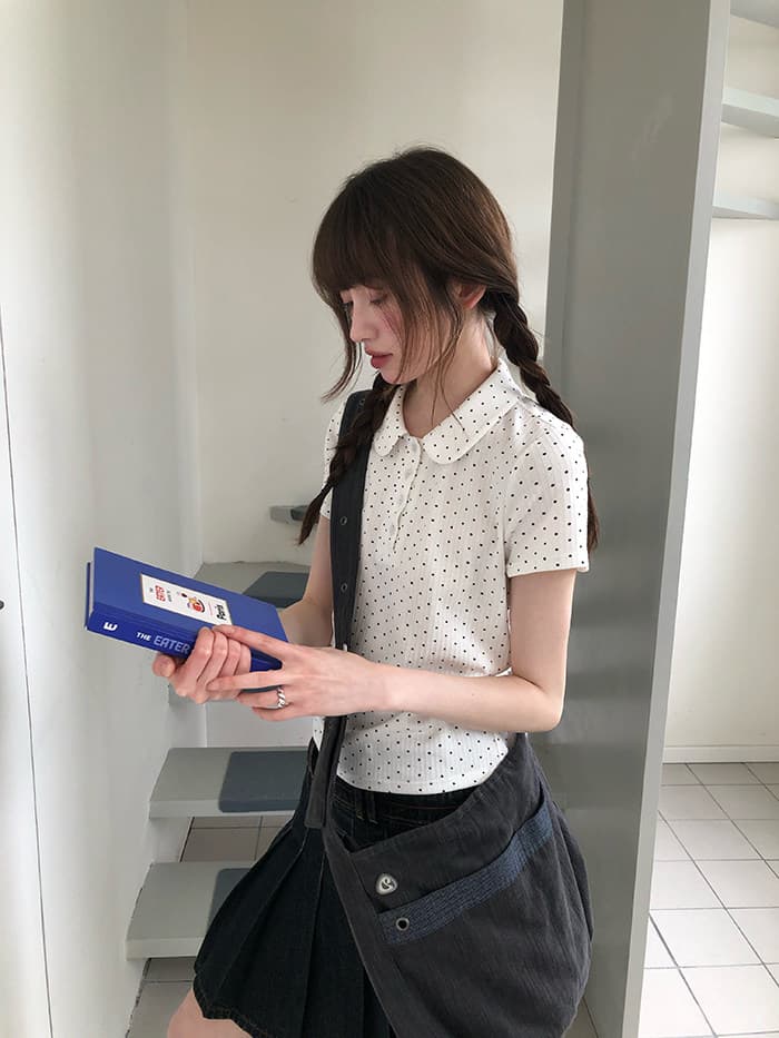 rainy 한 부서 달콤한 미적 감각 베이비 칼라 티셔츠 여름 여성 POLO 칼라 도트 무늬 별 버클 연령 감소 반팔 맨위 상세 이미지 34