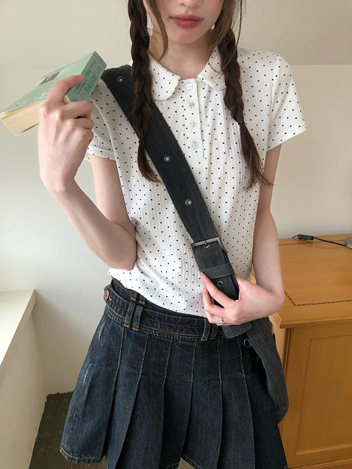 rainy 한 부서 달콤한 미적 감각 베이비 칼라 티셔츠 여름 여성 POLO 칼라 도트 무늬 별 버클 연령 감소 반팔 맨위 상세 이미지 35