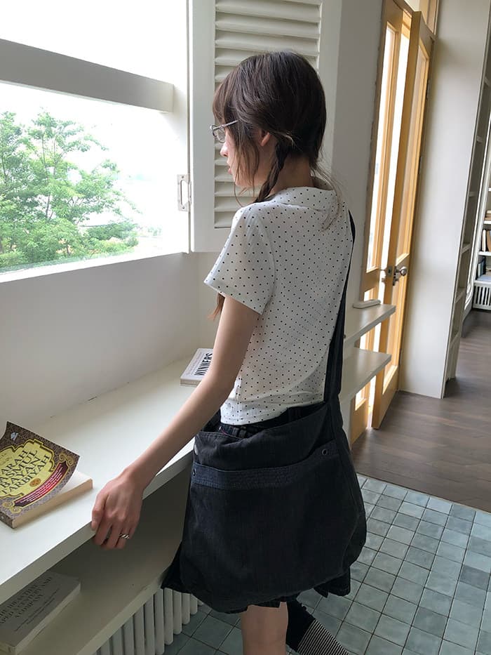 rainy 한 부서 달콤한 미적 감각 베이비 칼라 티셔츠 여름 여성 POLO 칼라 도트 무늬 별 버클 연령 감소 반팔 맨위 상세 이미지 38