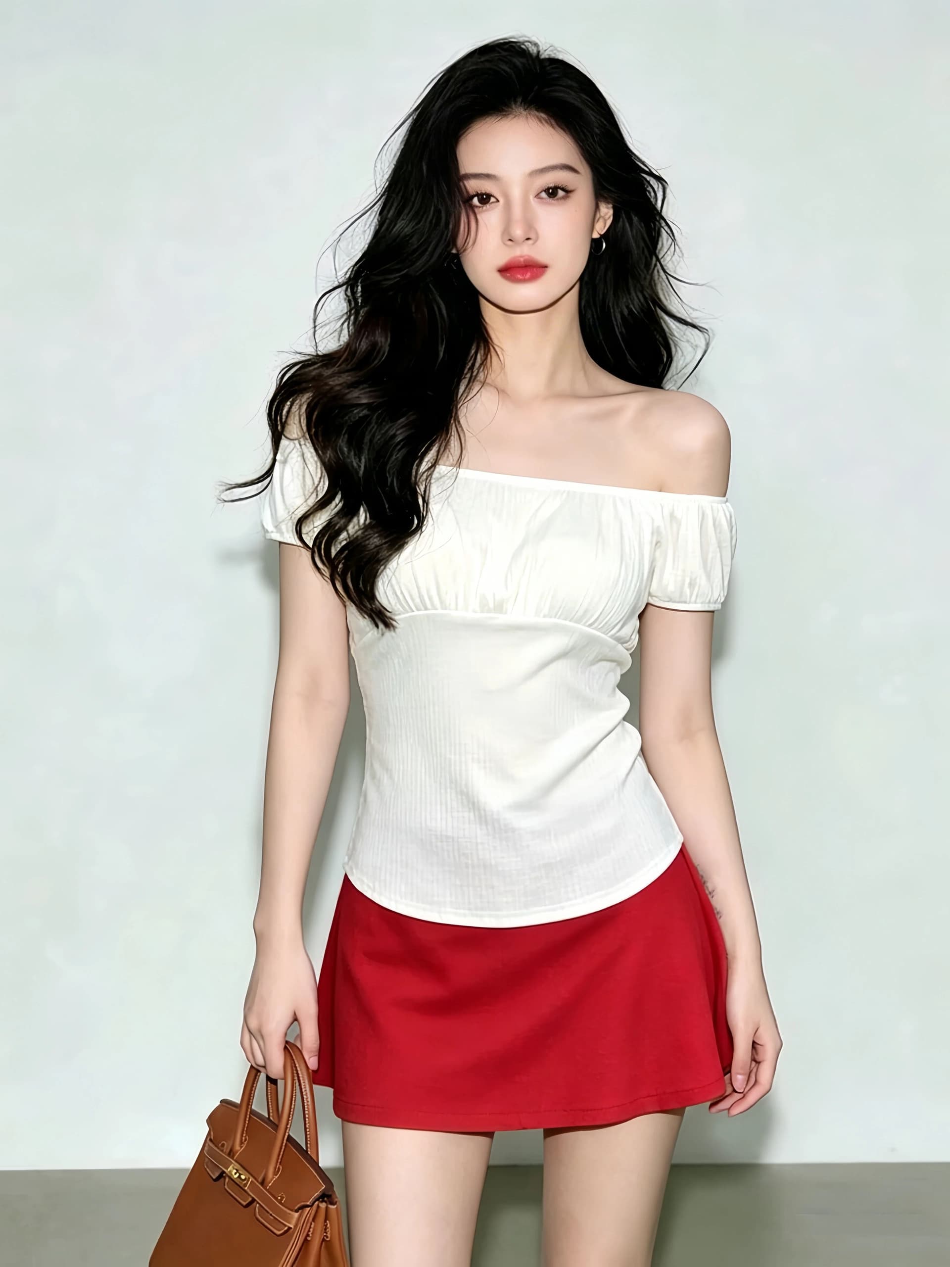 여름 보트넥 오프숄더 순수한 욕망 화이트 반팔 티셔츠 핫걸 슬림해 보이는 반신 스커트 A라인 스커트 섹시함 투피스 슈트 상세 이미지 2