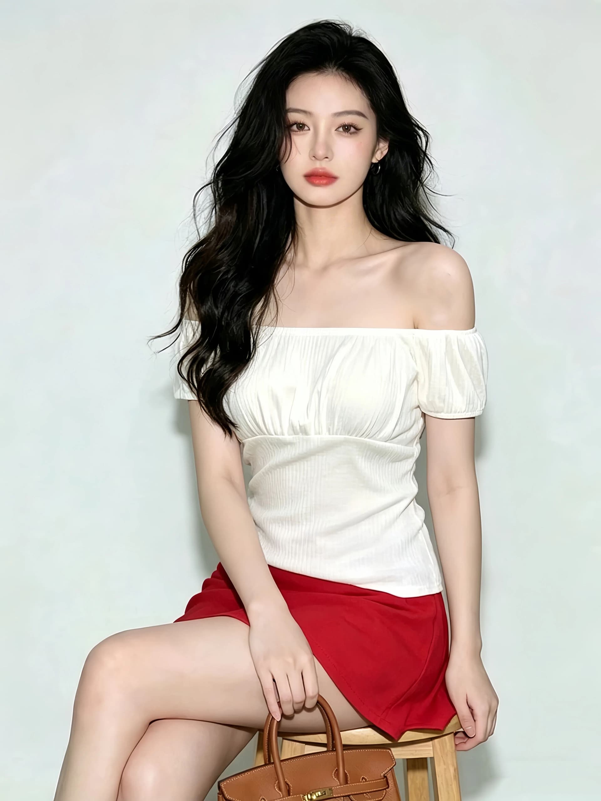 여름 보트넥 오프숄더 순수한 욕망 화이트 반팔 티셔츠 핫걸 슬림해 보이는 반신 스커트 A라인 스커트 섹시함 투피스 슈트 상세 이미지 3