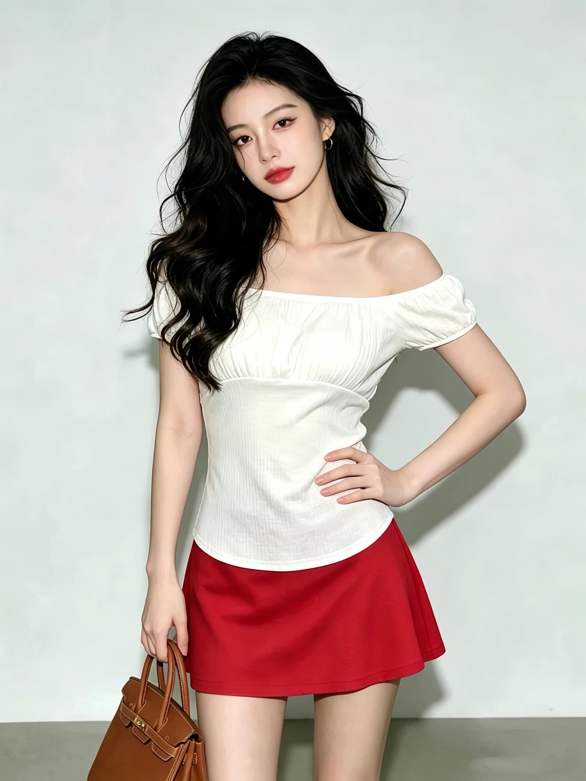 여름 보트넥 오프숄더 순수한 욕망 화이트 반팔 티셔츠 핫걸 슬림해 보이는 반신 스커트 A라인 스커트 섹시함 투피스 슈트 상세 이미지 4