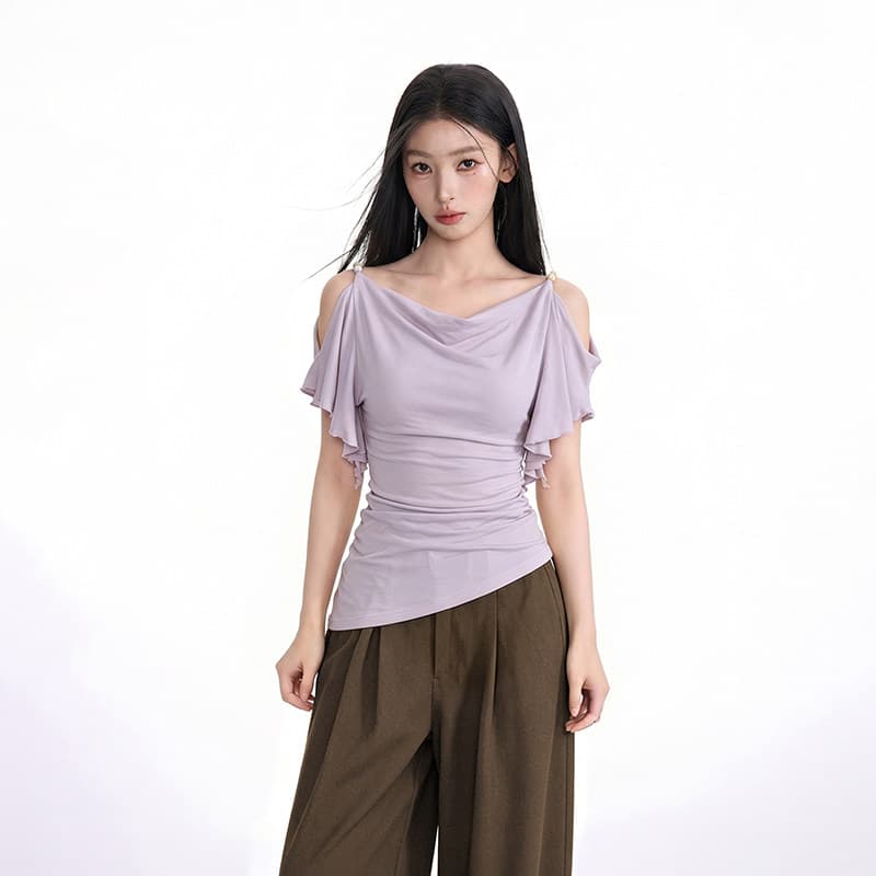 둘 착용 프랑스식 흔들다 칼라 부드러운 미적 감각 오프숄더 프릴 티셔츠 여성 여름 불규칙 밑단 대 가을 어깨 의류 트렌디 상세 이미지 4