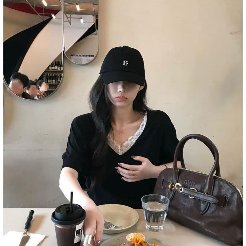 레이스 조각 커프스 있음 마 뭉치 수입 허리 있음 마 주름 한 부서 순수한 욕망 바람 레이스 V넥 반팔 이미지 2