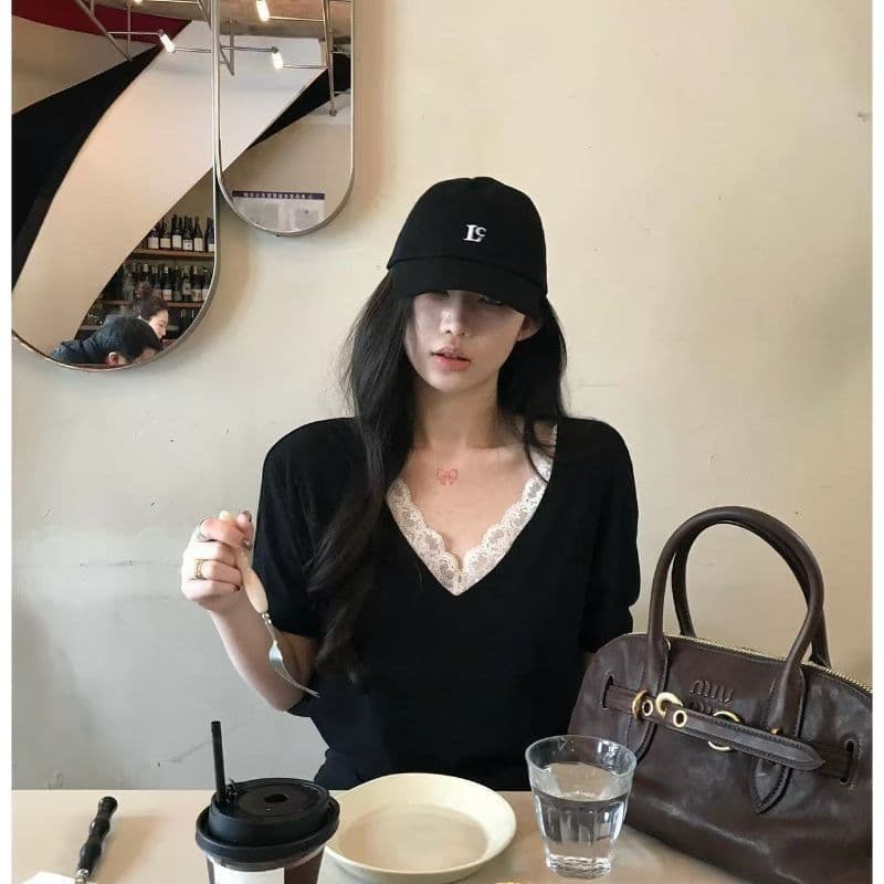 레이스 조각 커프스 있음 마 뭉치 수입 허리 있음 마 주름 한 부서 순수한 욕망 바람 레이스 V넥 반팔 이미지 3
