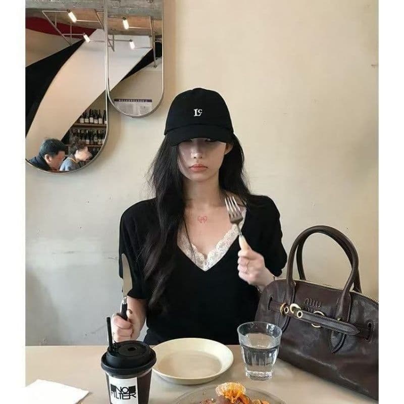 레이스 조각 커프스 있음 마 뭉치 수입 허리 있음 마 주름 한 부서 순수한 욕망 바람 레이스 V넥 반팔 이미지 5