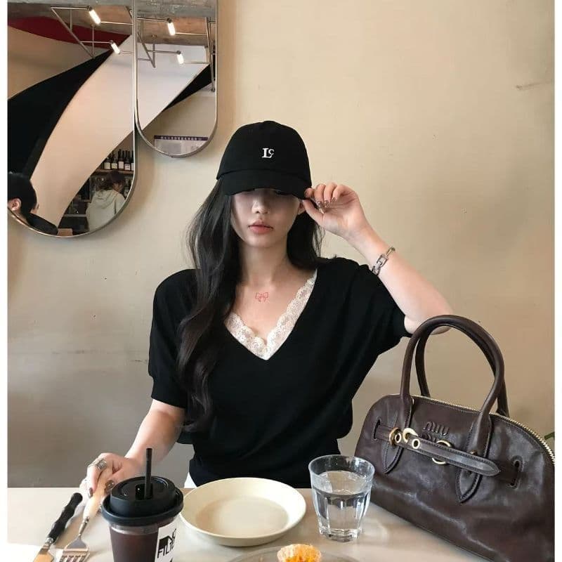 레이스 조각 커프스 있음 마 뭉치 수입 허리 있음 마 주름 한 부서 순수한 욕망 바람 레이스 V넥 반팔