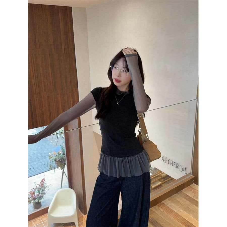 40 1 1 순면 2026 새로운 한 부서 망사 패치워크 페이크 레이어드 몸매 가꾸기 슬림해 보이는 긴팔 티셔츠 여성 상세 이미지 4