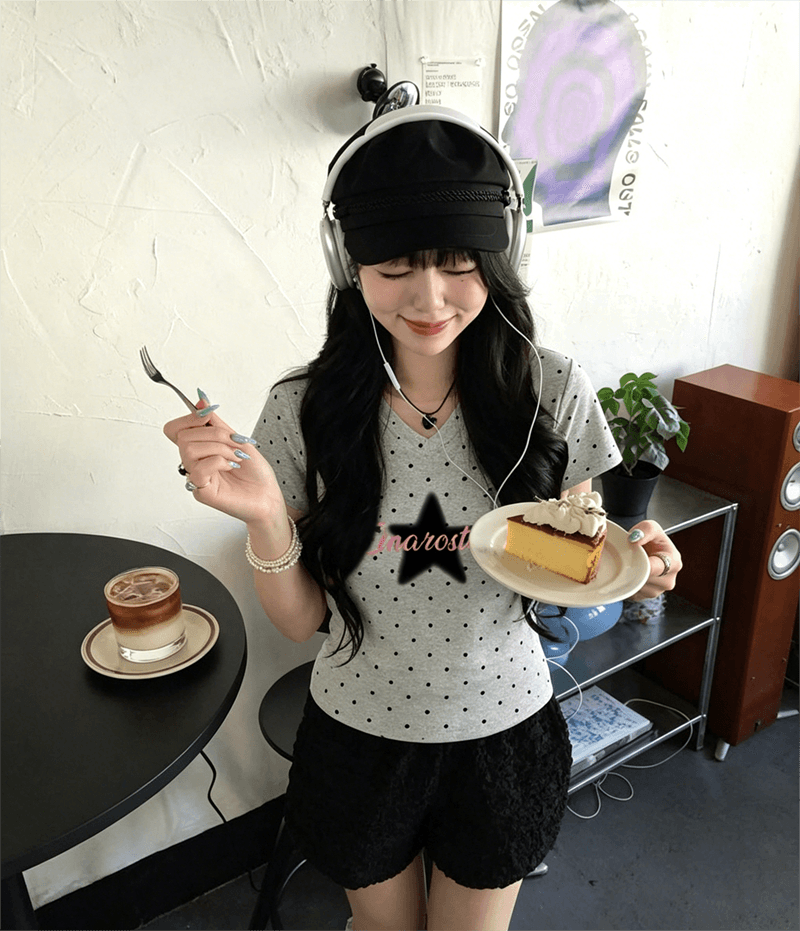 여름 새로운 한 부서 V넥 도트 무늬 패션 긍정적 인 어깨 프린트 섹션 반팔 티셔츠 상세 이미지 2