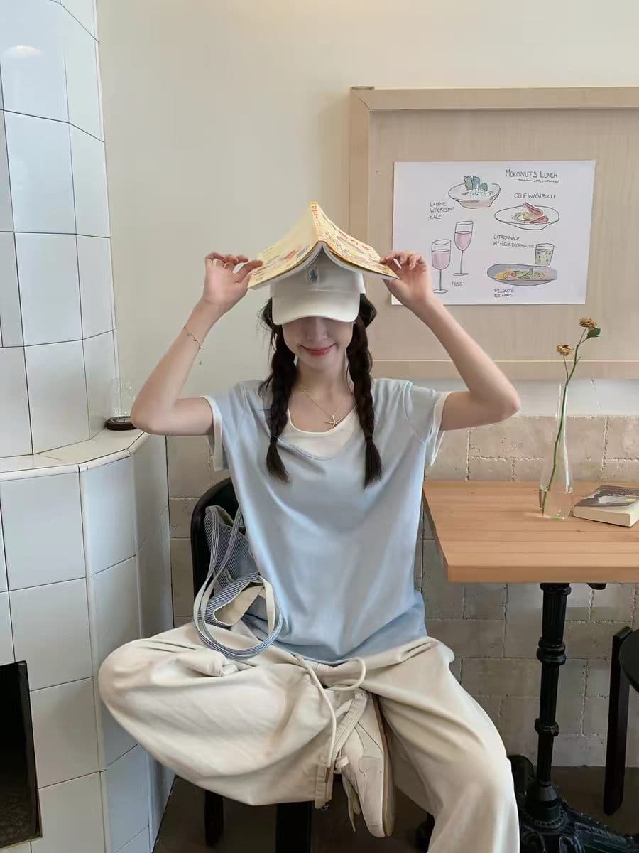 눈꽃 순면 투피스 세트 반팔 티셔츠 여성 여름 새로운 루즈핏 디자인 센스 자이언트 잘 생긴 이미지 2