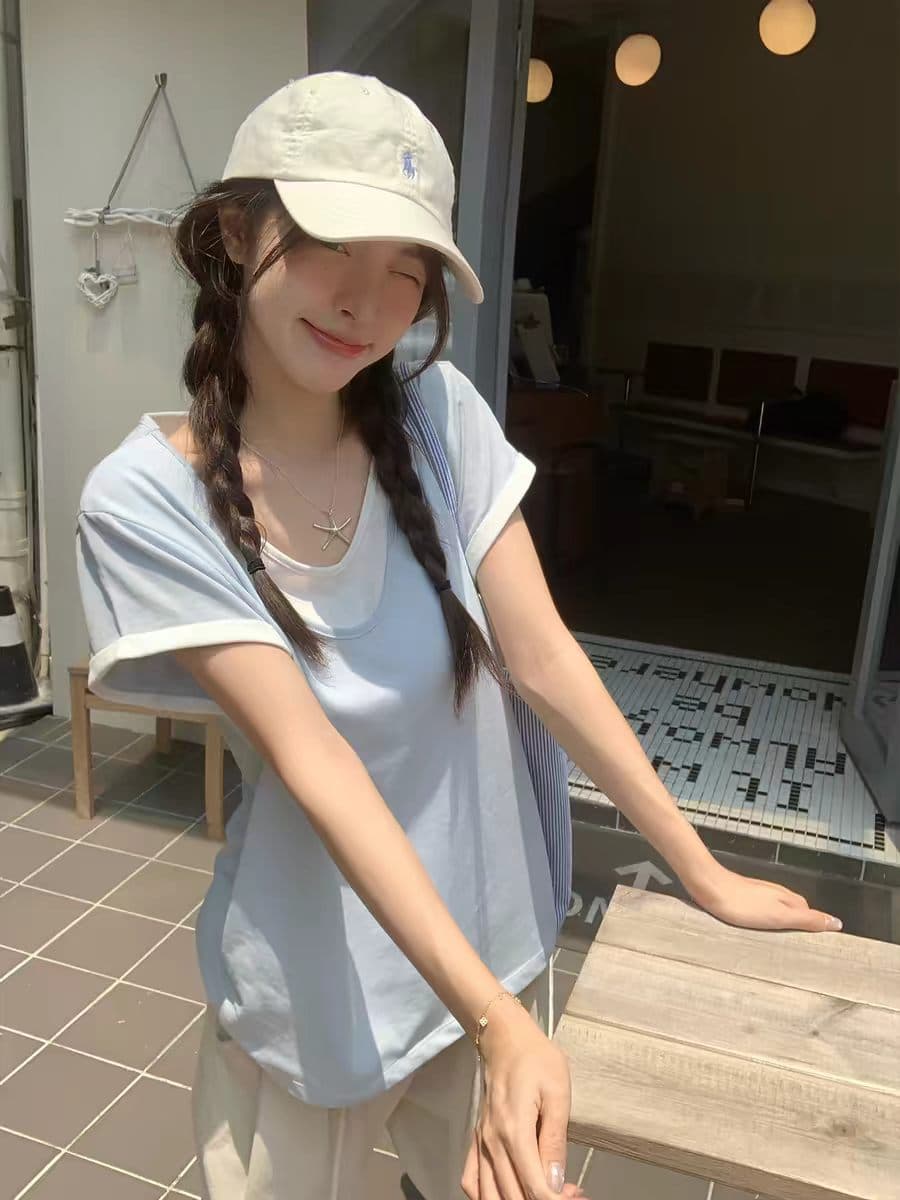 눈꽃 순면 투피스 세트 반팔 티셔츠 여성 여름 새로운 루즈핏 디자인 센스 자이언트 잘 생긴 상세 이미지 5