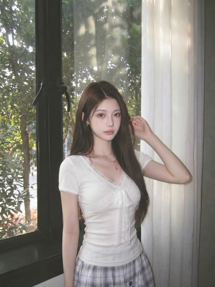 레이스 나비 매듭 레이스 낮은 네크라인 펌프 로프 몸매 가꾸기 t 여성 상세 이미지 3