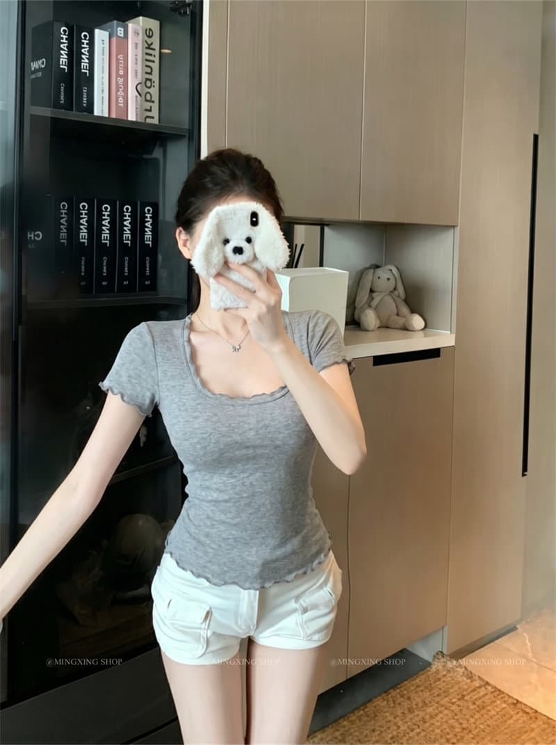 라이 경기 서울 핑크색 작은 대중 u 칼라 프릴 반팔 티셔츠 여성 여름 달콤한 핫걸 몸매 가꾸기 슬림해 보이는 캐주얼 짧은 맨위 상세 이미지 3