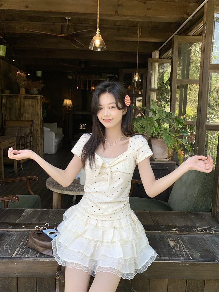 한 부서 몸매 가꾸기 도트 무늬 스트랩 패치워크 레이스 레이스 반팔 맨위 여성 2026 봄 여름 새로운 상세 이미지 1