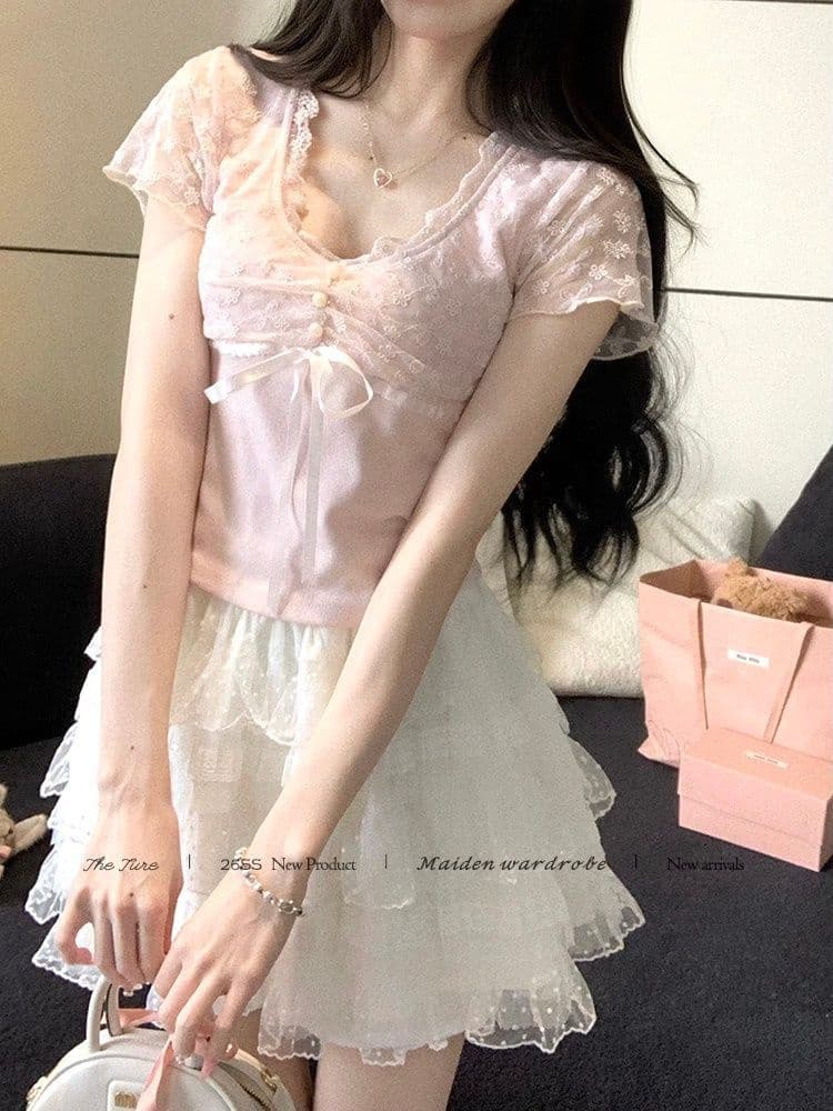 부드러운 핑크색 레이스 조각 티셔츠 여성 여름 디자인 펌프 Pleat 레이스업 허리 수축 슬림해 보이는 달콤한 자매 맨위 상세 이미지 4