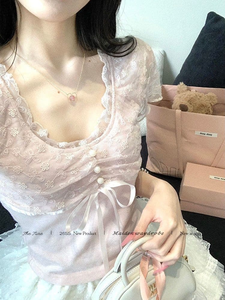부드러운 핑크색 레이스 조각 티셔츠 여성 여름 디자인 펌프 Pleat 레이스업 허리 수축 슬림해 보이는 달콤한 자매 맨위 상세 이미지 9