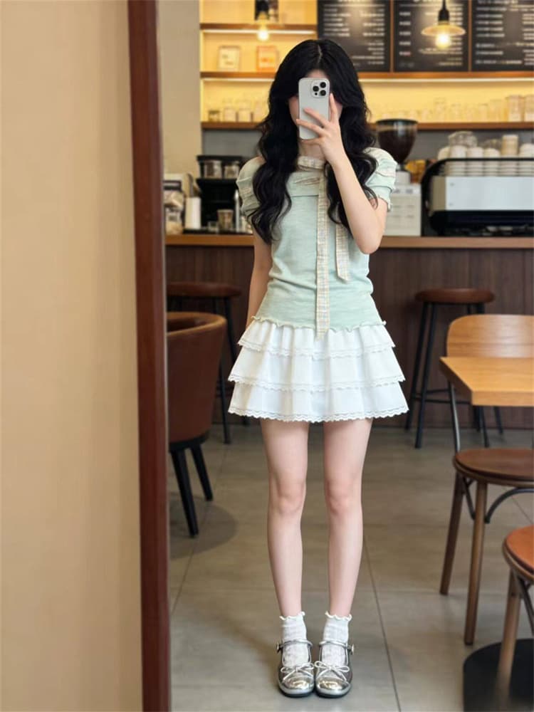 양면 주름 주름 면 한 부서 달콤함 핫걸 프릴 반팔 티셔츠 여성 여름 동점 벨트 측면 칼라 몸매 가꾸기 쇼트 스타일 맨위 상세 이미지 1