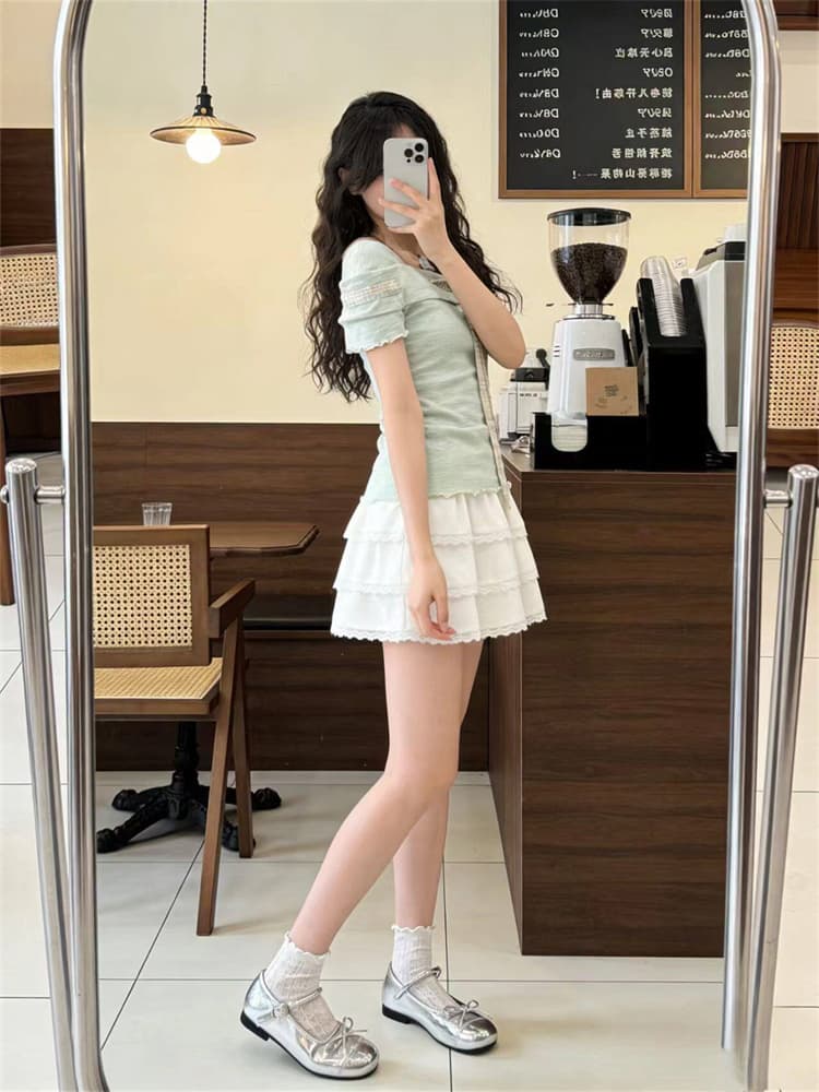 양면 주름 주름 면 한 부서 달콤함 핫걸 프릴 반팔 티셔츠 여성 여름 동점 벨트 측면 칼라 몸매 가꾸기 쇼트 스타일 맨위 상세 이미지 2