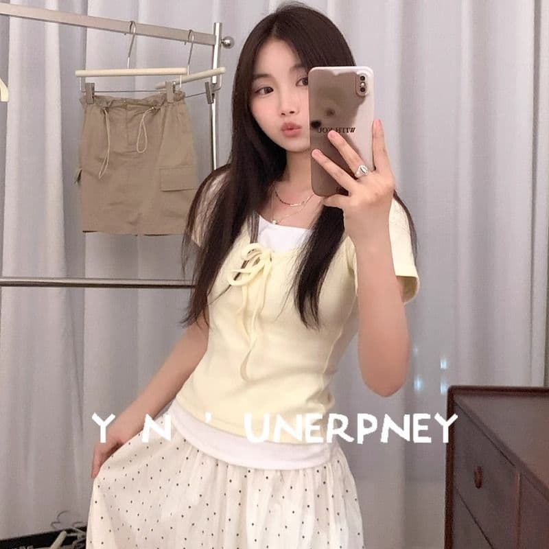 페이크 레이어드 반팔 티셔츠 미니멀리즘 다용도 몸매 가꾸기 슬림해 보이는 쇼트 스타일 맨위 이미지 3