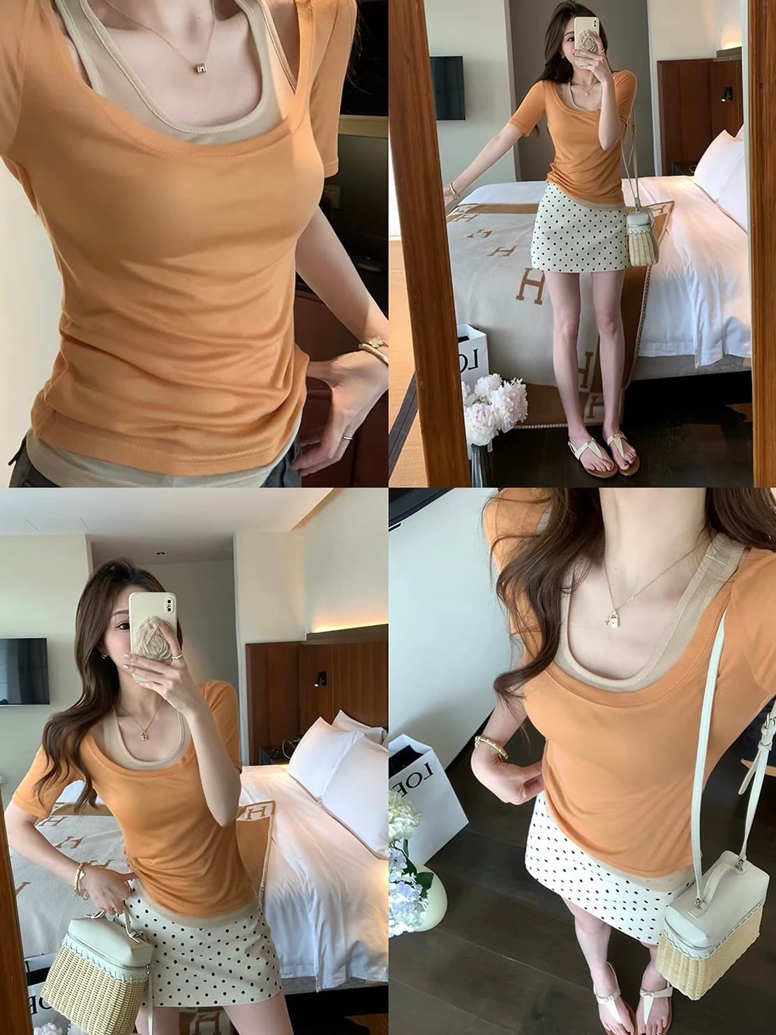 패션 개성 배색 가짜 두 조각 u 칼라 반팔 티셔츠 여성 여름 몸매 가꾸기 슬림해 보이는 맨위 서비스 상세 이미지 2