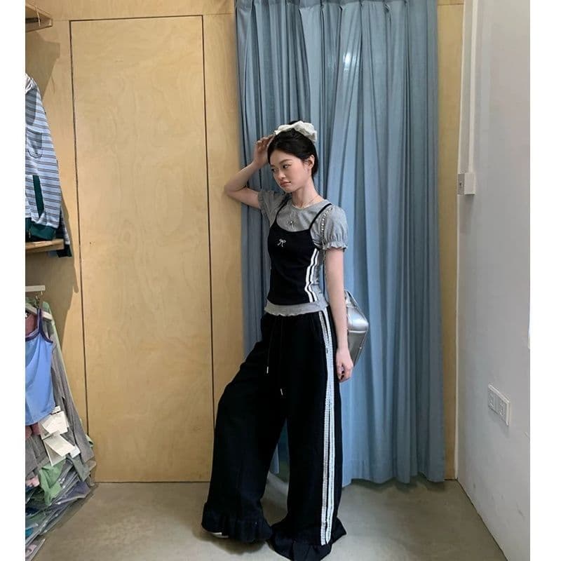 한 부서 디자인 센스 페이크 레이어드 라운드 넥 반팔 여성 티셔츠 Z아 어깨 꼬집기 허리 고유 한 작은 맨위 상세 이미지 1