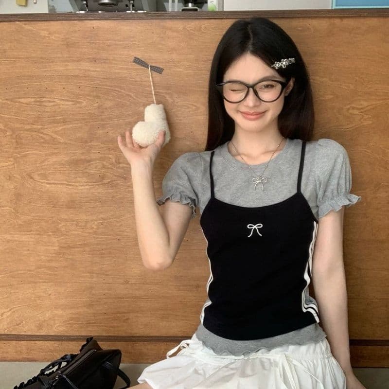 한 부서 디자인 센스 페이크 레이어드 라운드 넥 반팔 여성 티셔츠 Z아 어깨 꼬집기 허리 고유 한 작은 맨위 상세 이미지 3