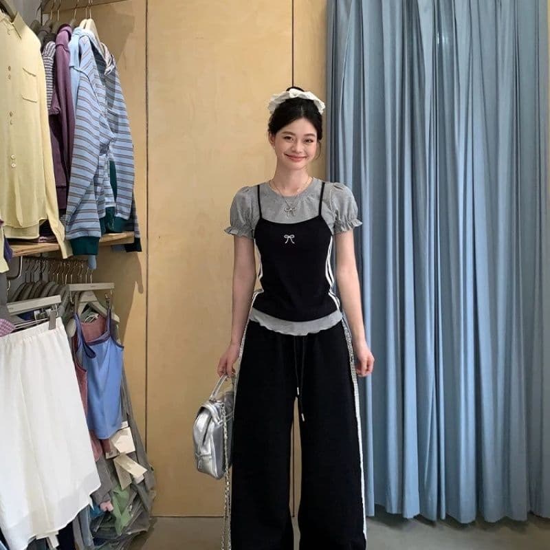 한 부서 디자인 센스 페이크 레이어드 라운드 넥 반팔 여성 티셔츠 Z아 어깨 꼬집기 허리 고유 한 작은 맨위 상세 이미지 4