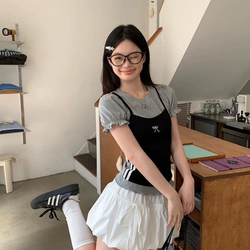 한 부서 디자인 센스 페이크 레이어드 라운드 넥 반팔 여성 티셔츠 Z아 어깨 꼬집기 허리 고유 한 작은 맨위 상세 이미지 6