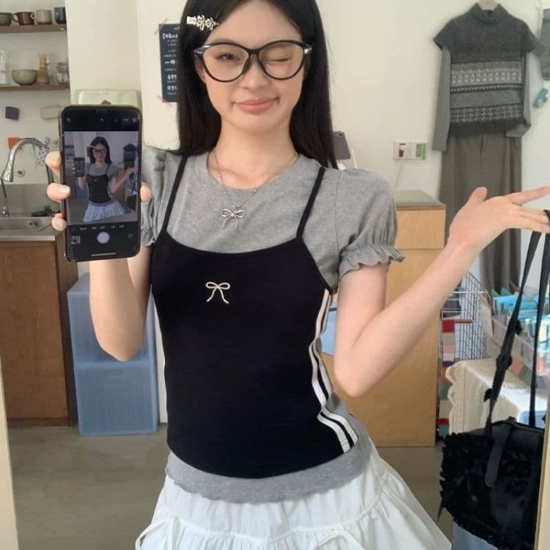 한 부서 디자인 센스 페이크 레이어드 라운드 넥 반팔 여성 티셔츠 Z아 어깨 꼬집기 허리 고유 한 작은 맨위 상세 이미지 7