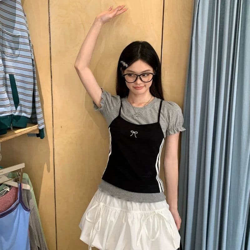 한 부서 디자인 센스 페이크 레이어드 라운드 넥 반팔 여성 티셔츠 Z아 어깨 꼬집기 허리 고유 한 작은 맨위 상세 이미지 8