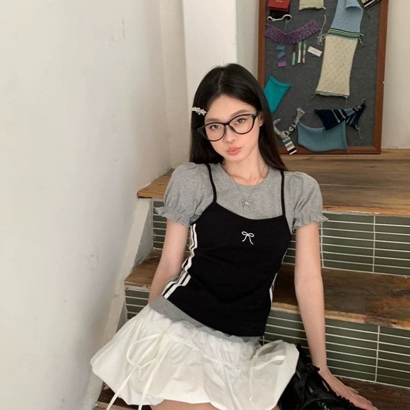 한 부서 디자인 센스 페이크 레이어드 라운드 넥 반팔 여성 티셔츠 Z아 어깨 꼬집기 허리 고유 한 작은 맨위 상세 이미지 9