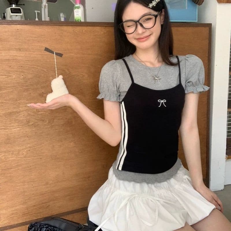 한 부서 디자인 센스 페이크 레이어드 라운드 넥 반팔 여성 티셔츠 Z아 어깨 꼬집기 허리 고유 한 작은 맨위 상세 이미지 10