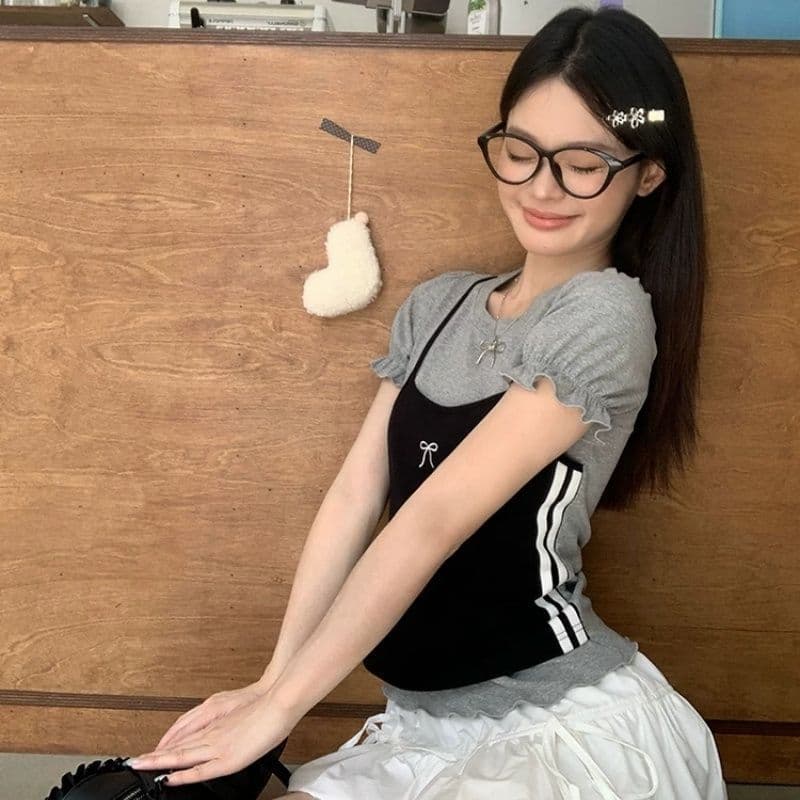 한 부서 디자인 센스 페이크 레이어드 라운드 넥 반팔 여성 티셔츠 Z아 어깨 꼬집기 허리 고유 한 작은 맨위 상세 이미지 12