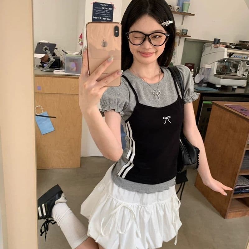 한 부서 디자인 센스 페이크 레이어드 라운드 넥 반팔 여성 티셔츠 Z아 어깨 꼬집기 허리 고유 한 작은 맨위 상세 이미지 13