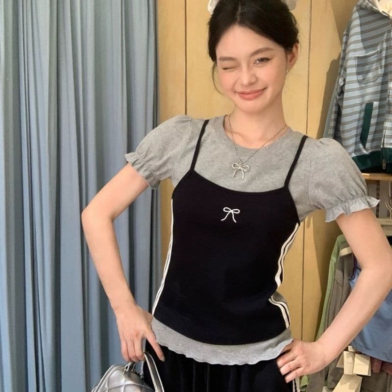 한 부서 디자인 센스 페이크 레이어드 라운드 넥 반팔 여성 티셔츠 Z아 어깨 꼬집기 허리 고유 한 작은 맨위 상세 이미지 14