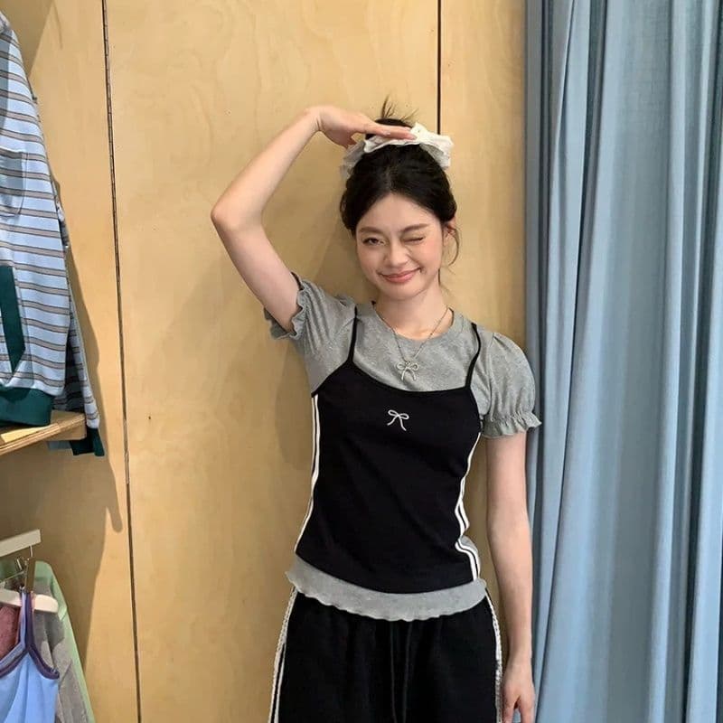 한 부서 디자인 센스 페이크 레이어드 라운드 넥 반팔 여성 티셔츠 Z아 어깨 꼬집기 허리 고유 한 작은 맨위 상세 이미지 17