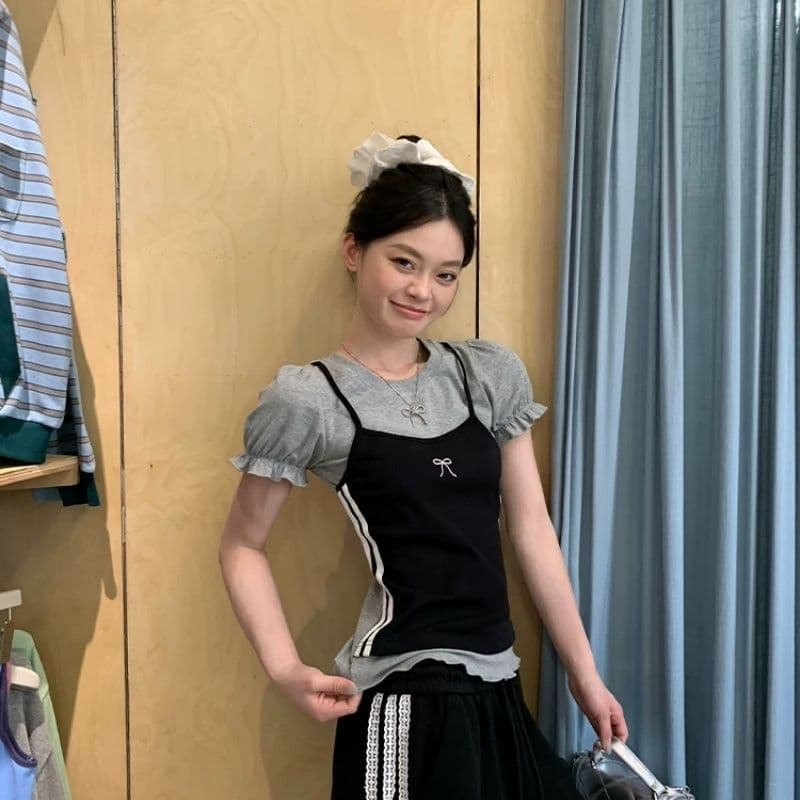 한 부서 디자인 센스 페이크 레이어드 라운드 넥 반팔 여성 티셔츠 Z아 어깨 꼬집기 허리 고유 한 작은 맨위 상세 이미지 20