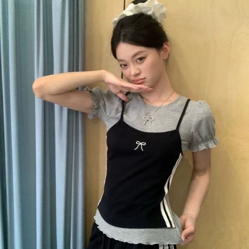 한 부서 디자인 센스 페이크 레이어드 라운드 넥 반팔 여성 티셔츠 Z아 어깨 꼬집기 허리 고유 한 작은 맨위 상세 이미지 21
