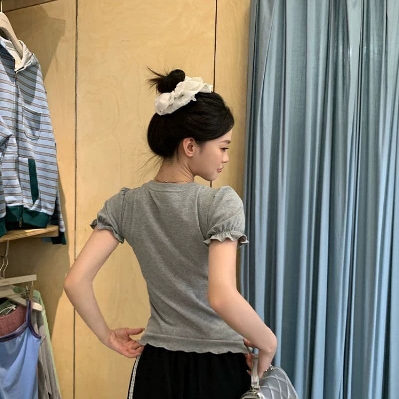 한 부서 디자인 센스 페이크 레이어드 라운드 넥 반팔 여성 티셔츠 Z아 어깨 꼬집기 허리 고유 한 작은 맨위 상세 이미지 22