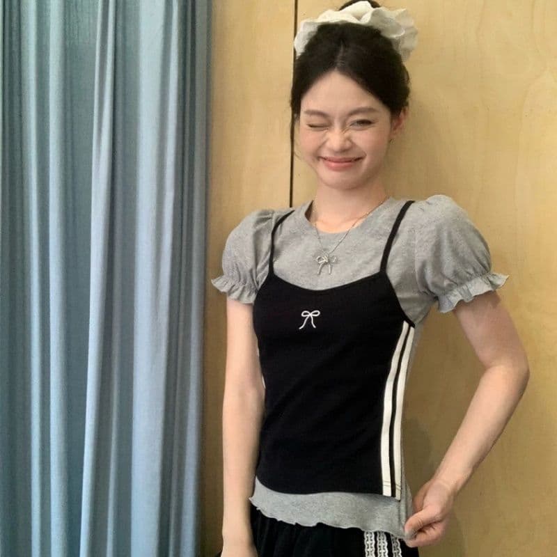 한 부서 디자인 센스 페이크 레이어드 라운드 넥 반팔 여성 티셔츠 Z아 어깨 꼬집기 허리 고유 한 작은 맨위 상세 이미지 23