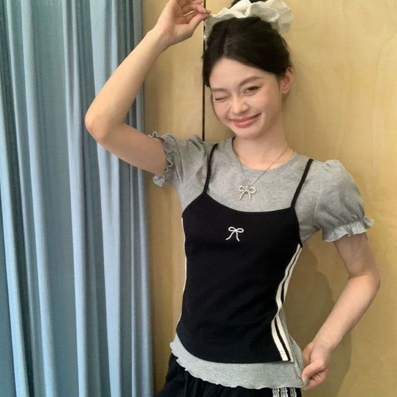 한 부서 디자인 센스 페이크 레이어드 라운드 넥 반팔 여성 티셔츠 Z아 어깨 꼬집기 허리 고유 한 작은 맨위 상세 이미지 26