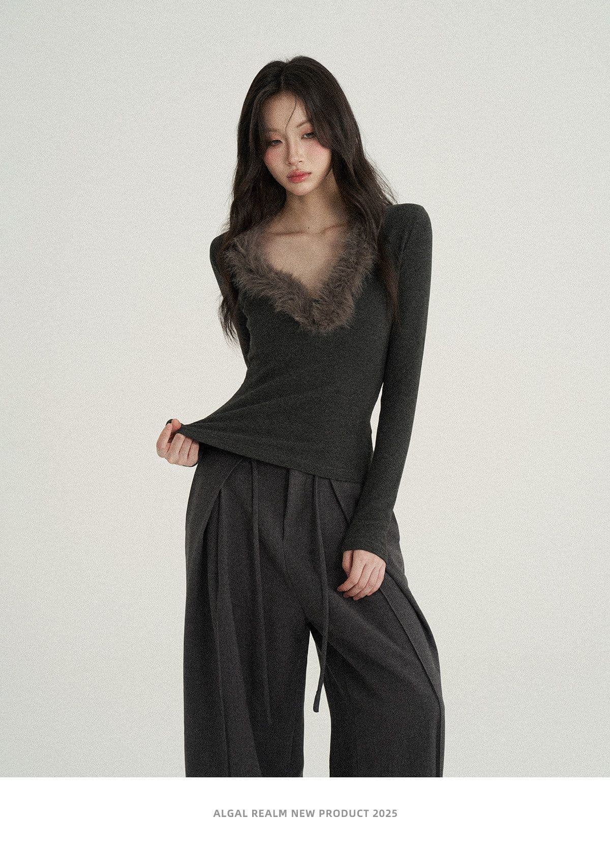 품격 몸매 가꾸기 모피 칼라 맨위 V넥 긴팔 티셔츠 맨위 이미지 3