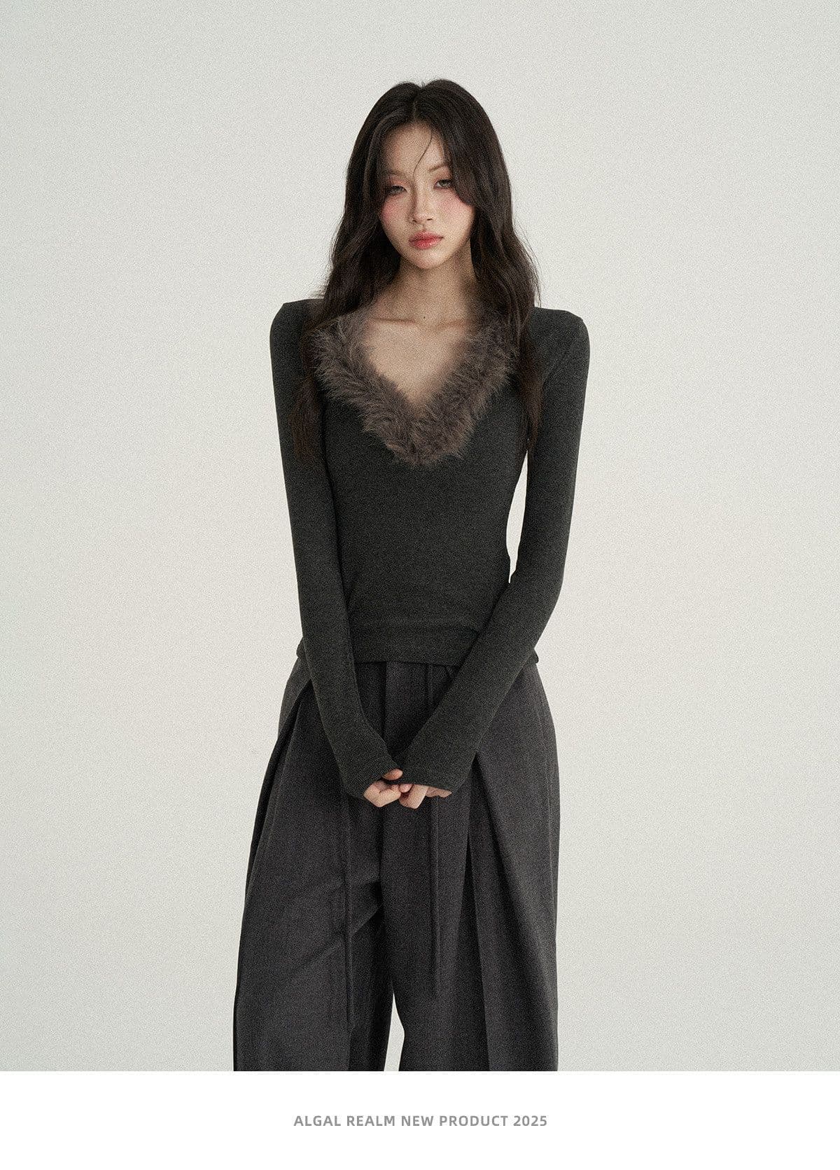 품격 몸매 가꾸기 모피 칼라 맨위 V넥 긴팔 티셔츠 맨위 상세 이미지 5