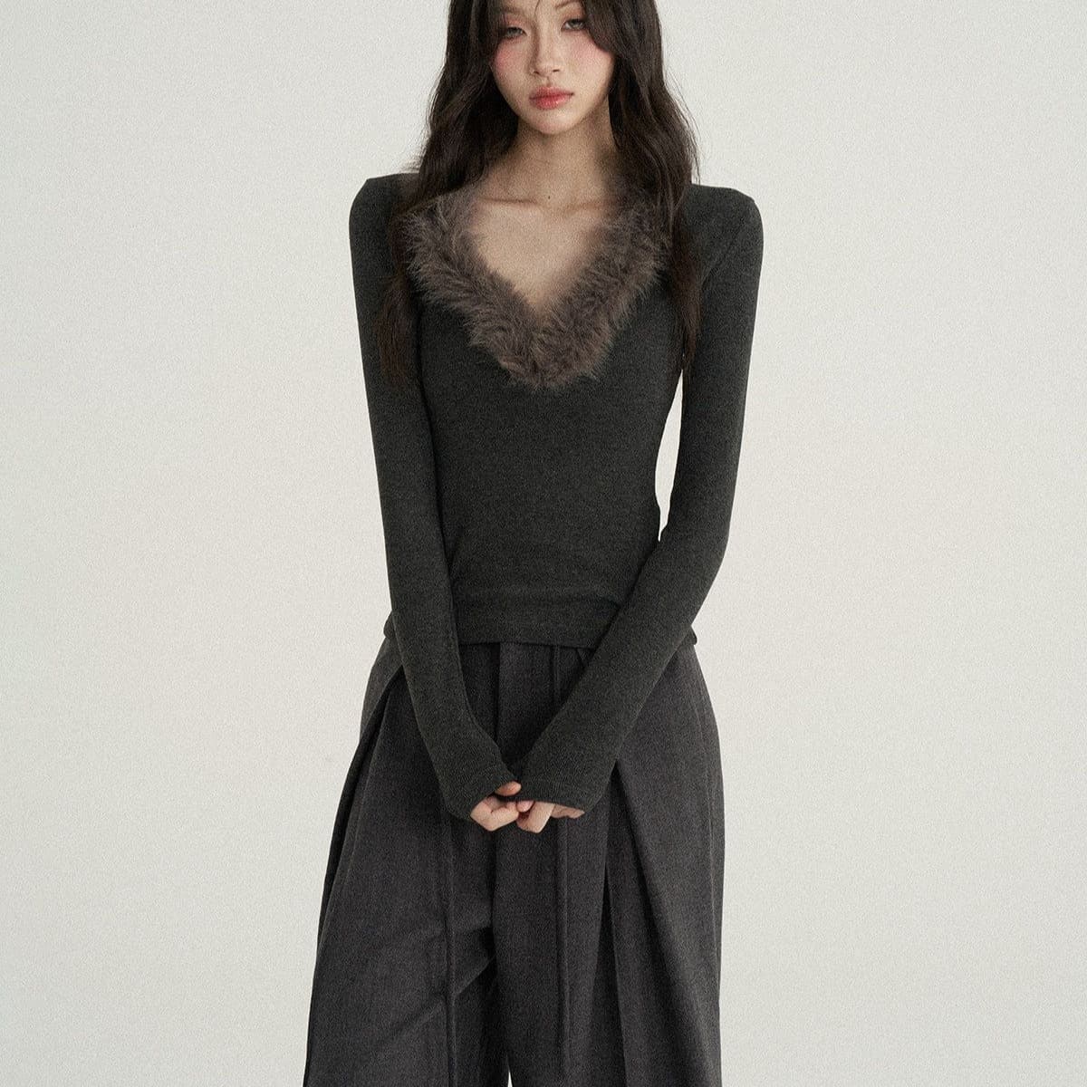 품격 몸매 가꾸기 모피 칼라 맨위 V넥 긴팔 티셔츠 맨위 이미지 5