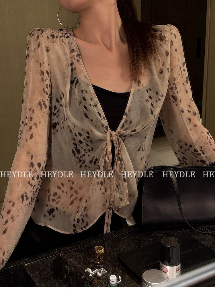 여름 와일드 상황 레오파드 무늬 V넥 긴팔 쉬폰 블라우스 나만의 것을 가져와 라. 가슴 패드 캐미솔 투피스 슈트 상세 이미지 4