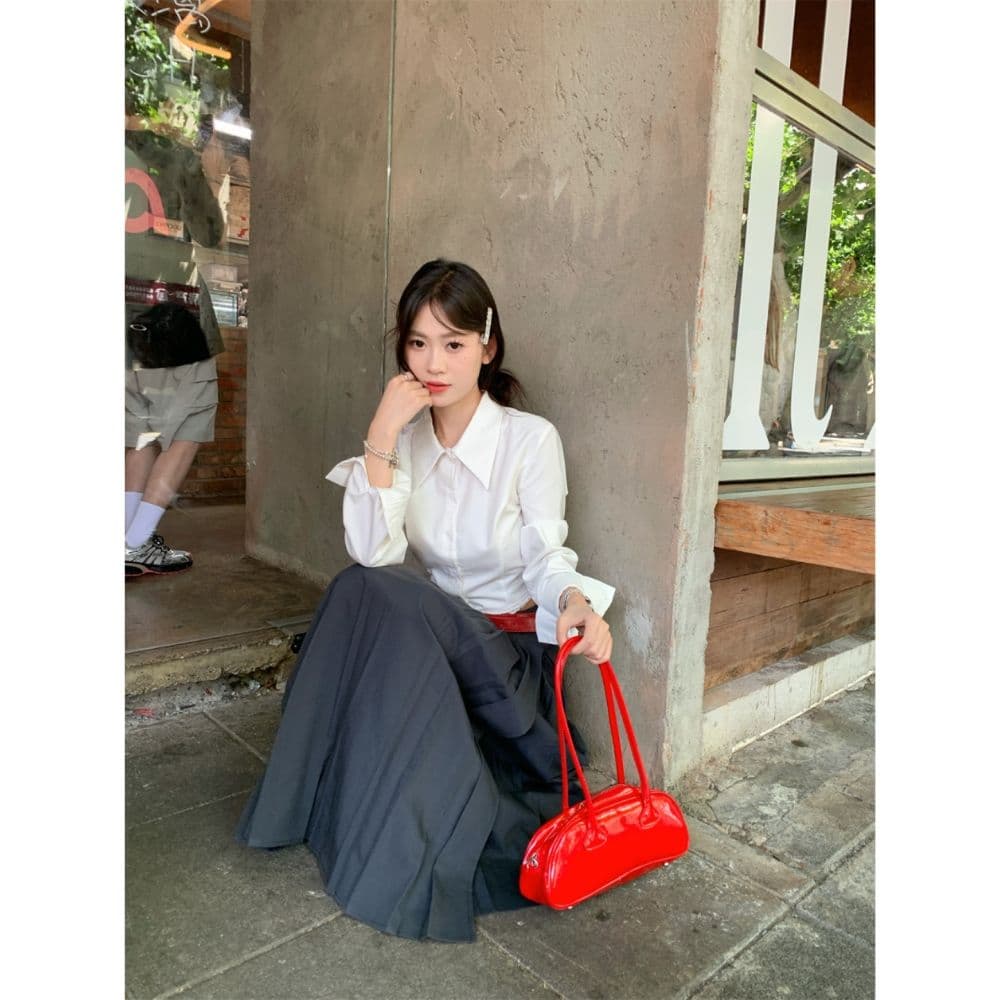 프랑스식 POLO 칼라 레이스 조각 긴팔 여성 셔츠 가을 디자인 센스 작은 대중 몸매 가꾸기 흰 셔츠 쇼트 스타일 맨위 이미지 4
