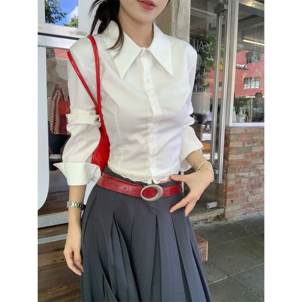 프랑스식 POLO 칼라 레이스 조각 긴팔 여성 셔츠 가을 디자인 센스 작은 대중 몸매 가꾸기 흰 셔츠 쇼트 스타일 맨위 이미지 5