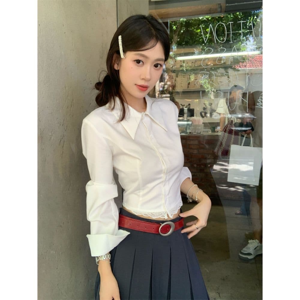 프랑스식 POLO 칼라 레이스 조각 긴팔 여성 셔츠 가을 디자인 센스 작은 대중 몸매 가꾸기 흰 셔츠 쇼트 스타일 맨위 상세 이미지 1